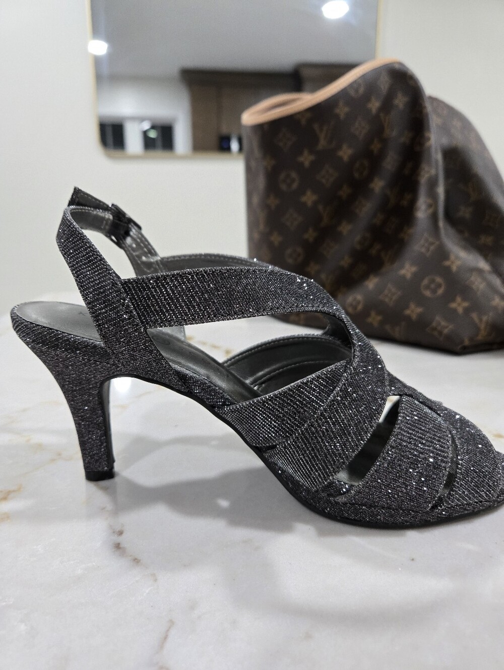 Karen Scott Sparkle Strappy Slingback Heels - Silver